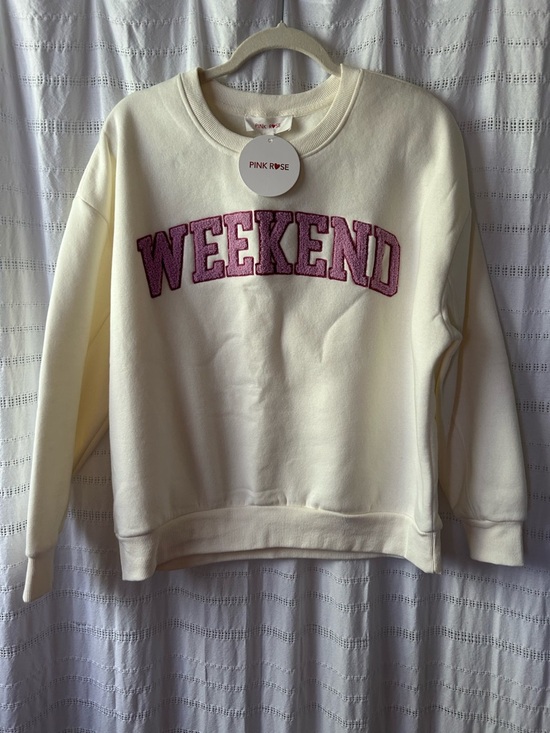 Pink Rose Tops - Pink Rose Cream Sweatshirt with Pink Chenille 'WEEKEND' Applique